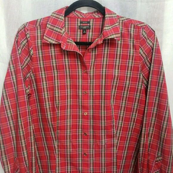 Talbots Non Iron Shirt Top Tartan Red Plaid Gold Button Holiday Womens Size 6p - Picture 6 of 10